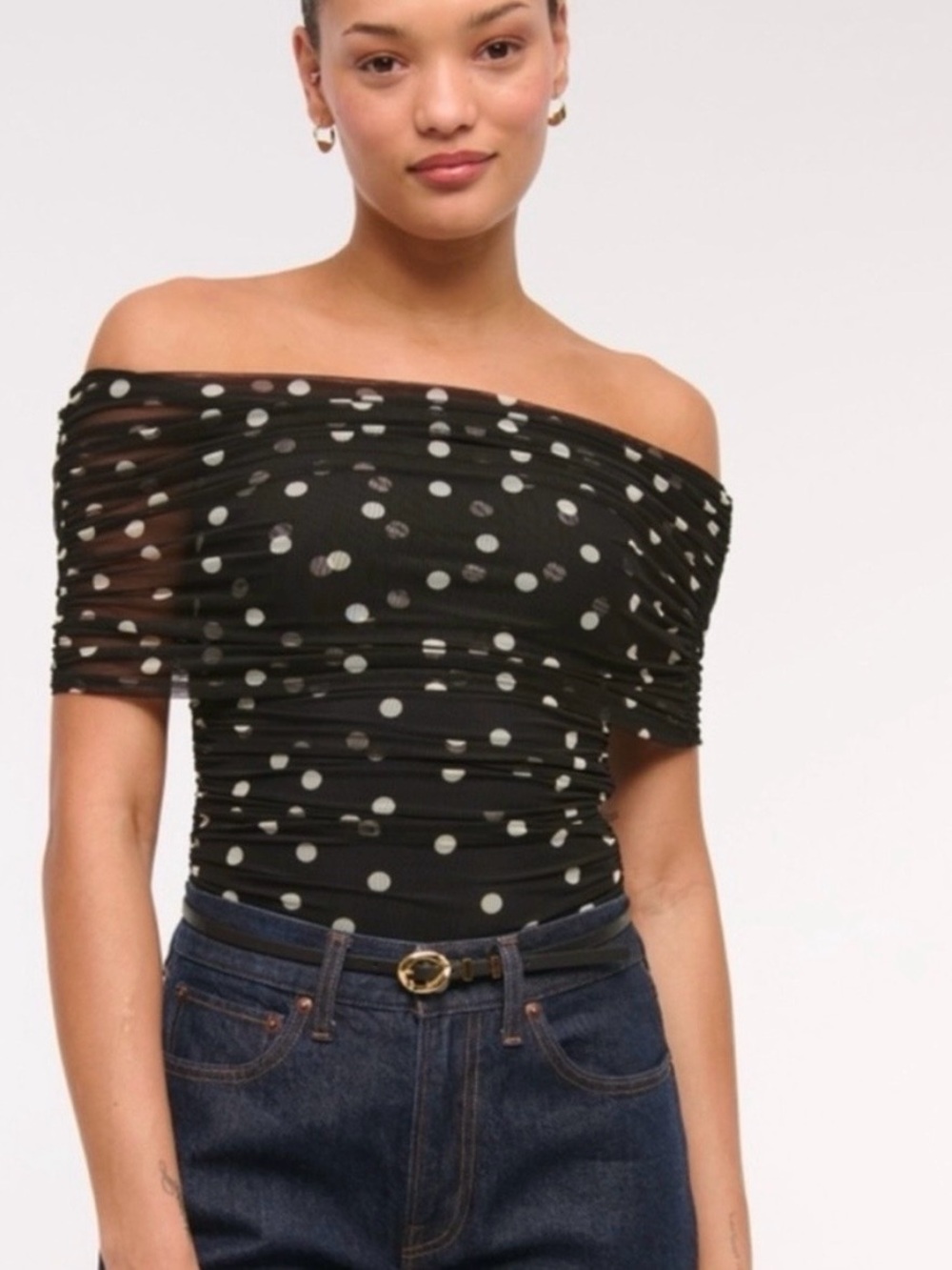 Abercrombie & Fitch Black Polka Dot Off-Shoulder Mesh Top